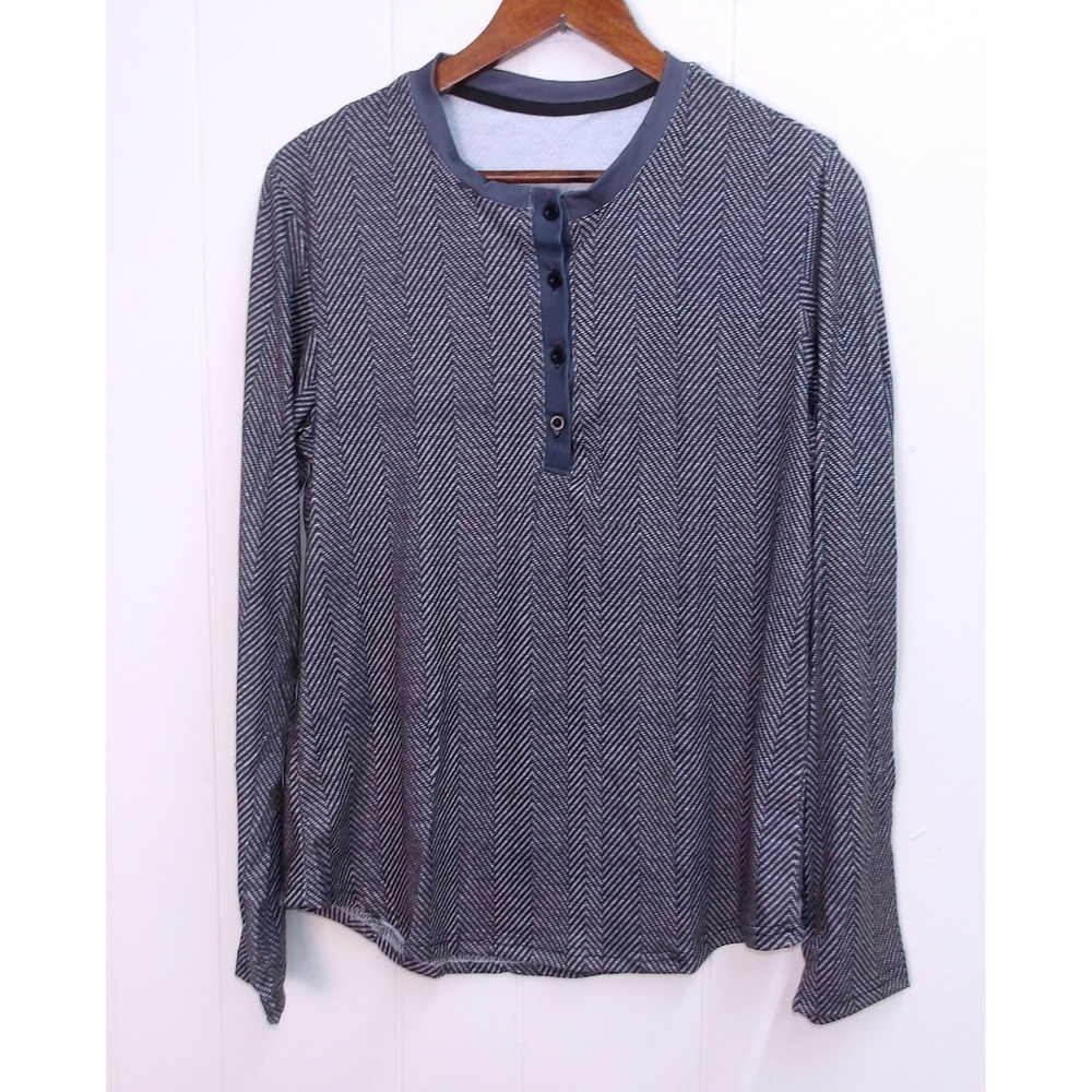 Blue Herringbone Long Sleeve Button Henley Shirt Casual‎ Top Men's Small / #9197